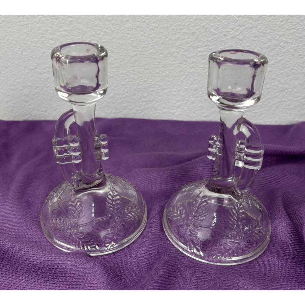 Vintage Pair Glass Taper Candle Holders Trumpet Bugle Shaped Floral‎ Etched